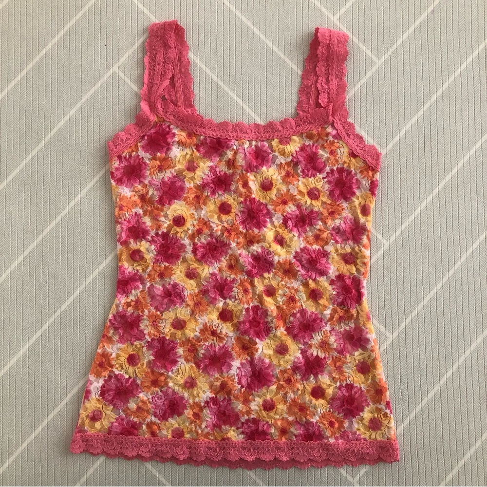 Hanky Panky Floral Lace-Trim Tank Top in Pink & Yellow Women’s Size S